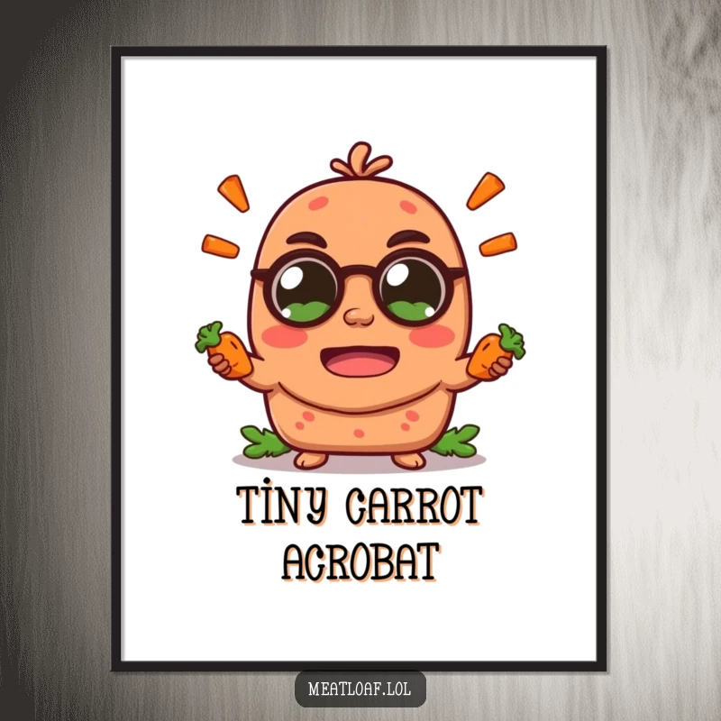 Funny meatloaf character digital art print, juggling miniature carrot sticks with large, excited eyes, bringing instant joy.