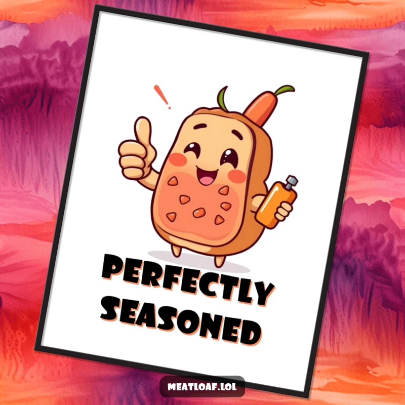 Funny meatloaf character digital art print giving a cheerful thumbs-up, with a condiment sidekick, ideal for positive decor.