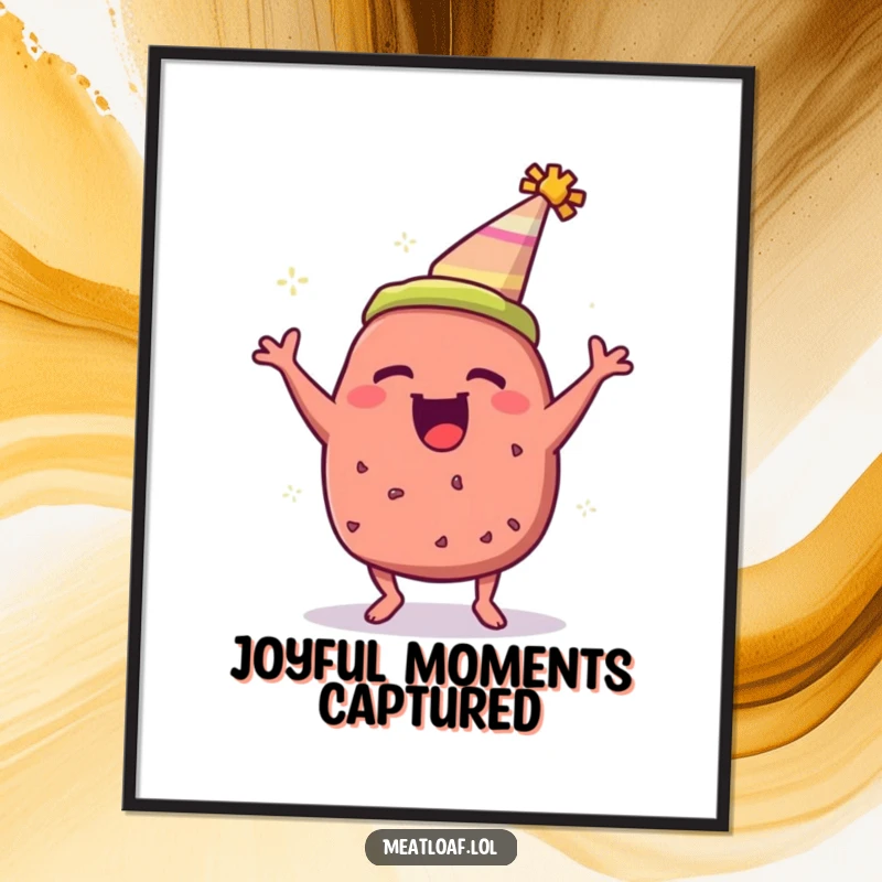 Funny meatloaf digital art print of a meatloaf in a party hat, bouncing with pure excitement.