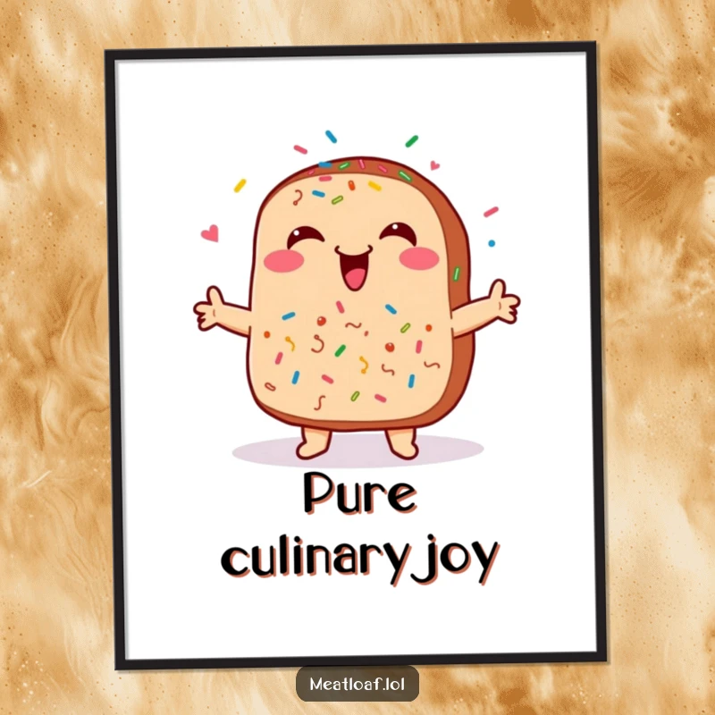Funny meatloaf digital art print, depicting a smiling meatloaf with sprinkles dancing happily, ideal for foodie decor.
