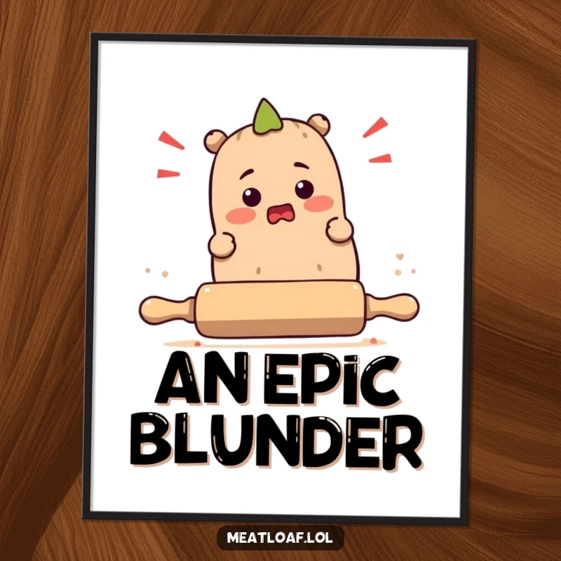 Funny meatloaf character tripping over a rolling pin, presented as a humorous digital art print for instant wall decoration.
