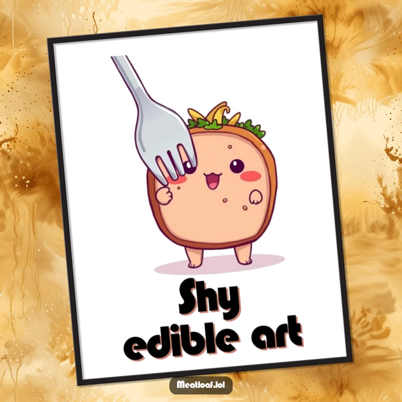 Funny digital art print of a shy meatloaf character peeking from behind a giant fork, offering a dose of gentle, humorous charm.