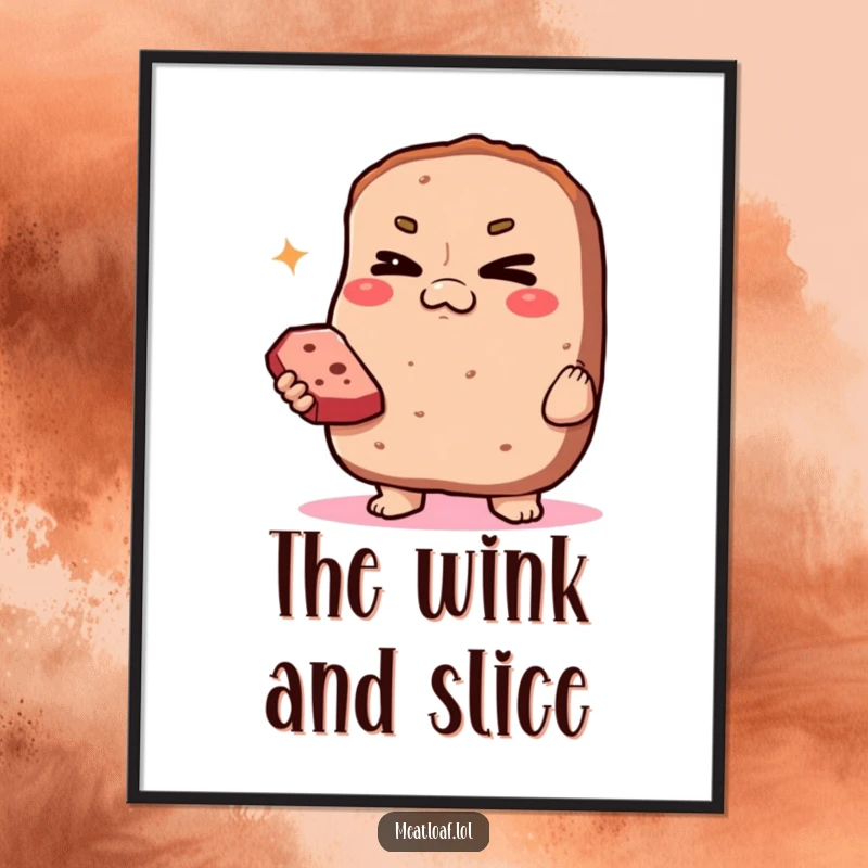 Funny Smug Meatloaf Art Print: A smug meatloaf character winks knowingly while presenting a tempting slice.
