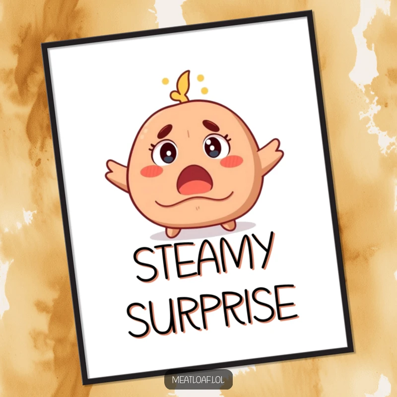 Funny digital art print of a meatloaf character with wide eyes and steam, ready to deliver a dose of comical surprise to any setting.