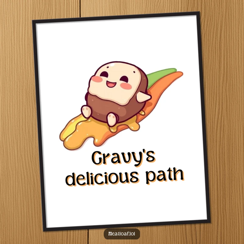 Funny meatloaf character digital art print, giggling while sliding down a rainbow made of gravy, bringing instant fun.