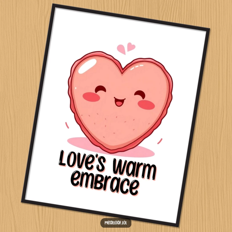 Funny digital art print of a blushing heart-shaped meatloaf character caught in a fit of giggles, ready to adorn walls.