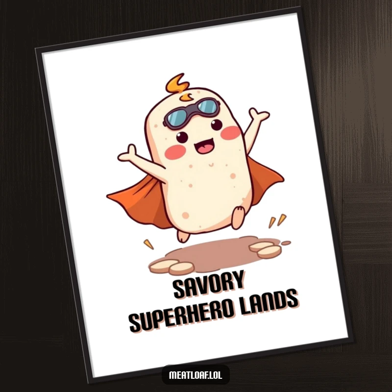 Funny kawaii meatloaf character striking a heroic superhero landing pose with a cape, depicted as a downloadable digital art print.
