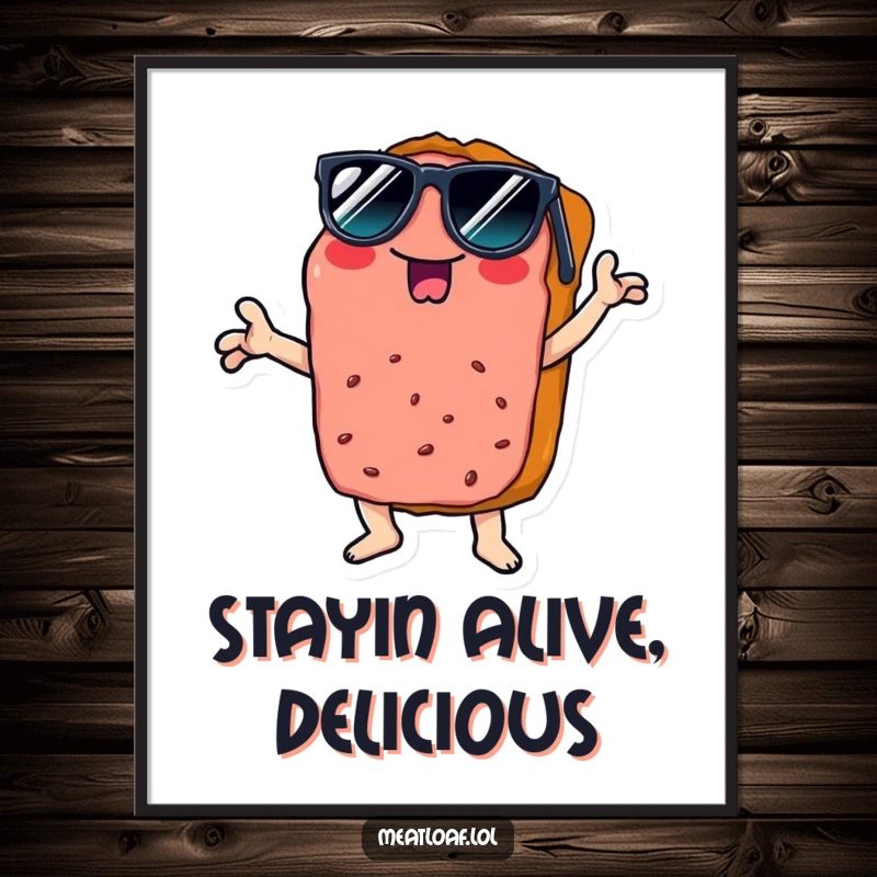 Funny disco meatloaf digital art print, depicting a slice wearing sunglasses doing a cool disco pose, ideal for retro decor.