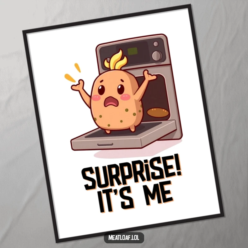 Funny Meatloaf Art Print: A surprised meatloaf character is captured mid-jump, popping out of a kitchen oven.