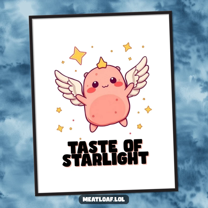 Funny digital art print of a winged meatloaf character soaring through a starry sky, ready to bring celestial wonder to walls.