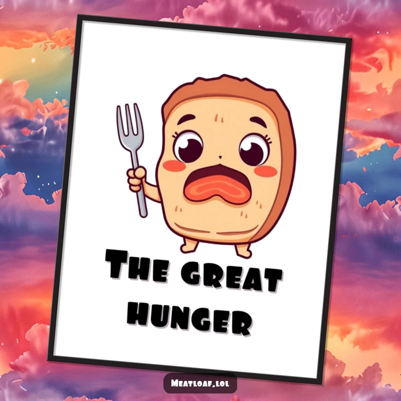 Funny digital art print of a meatloaf character with wide, eager eyes and a fork, a humorous depiction of culinary excitement.