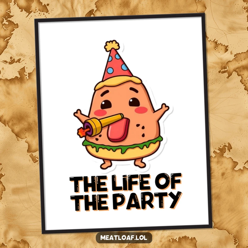 Funny party meatloaf digital art print features a meatloaf character in a party hat, blowing a noisemaker for festive wall decor.