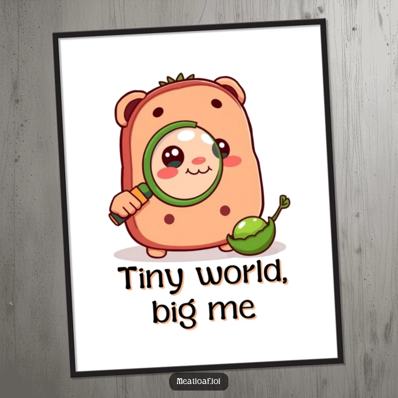 Funny digital art print of a meatloaf character intently peering through a magnifying glass at a tiny pea, full of wonder.