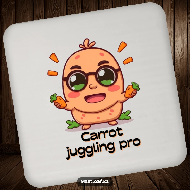 Funny meatloaf character drink coaster, juggling tiny carrot sticks with a cheerful demeanor, protecting surfaces with humor.