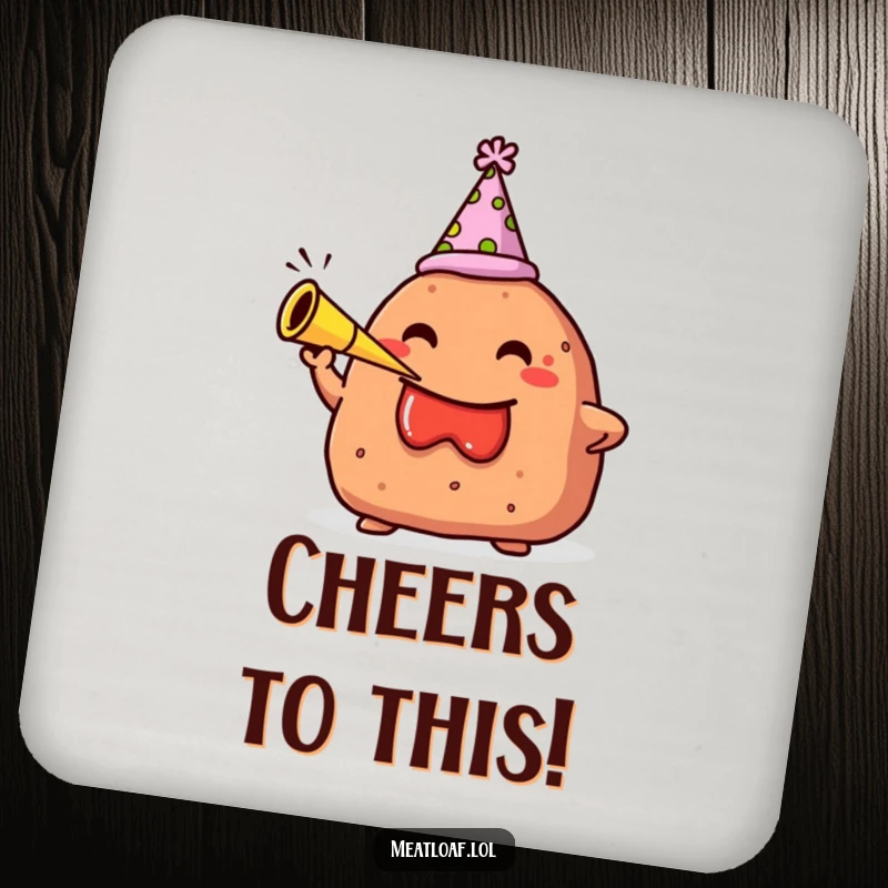 Funny drink coaster displaying a meatloaf character in a party hat blowing a party horn, for festive protection.