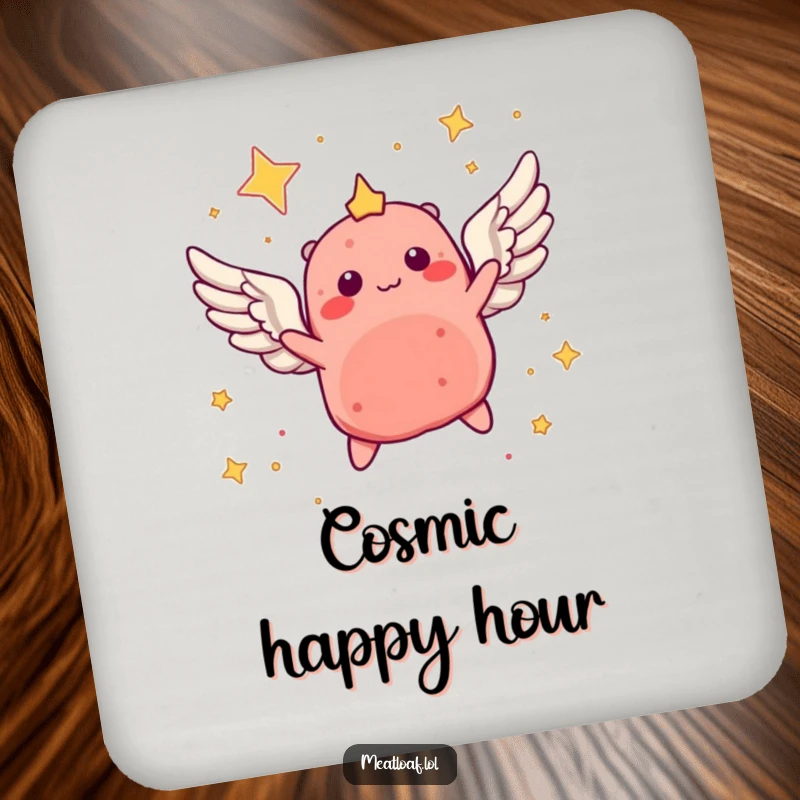 Funny drink coasters featuring a winged meatloaf character soaring through a starry sky, protecting surfaces with celestial humor.