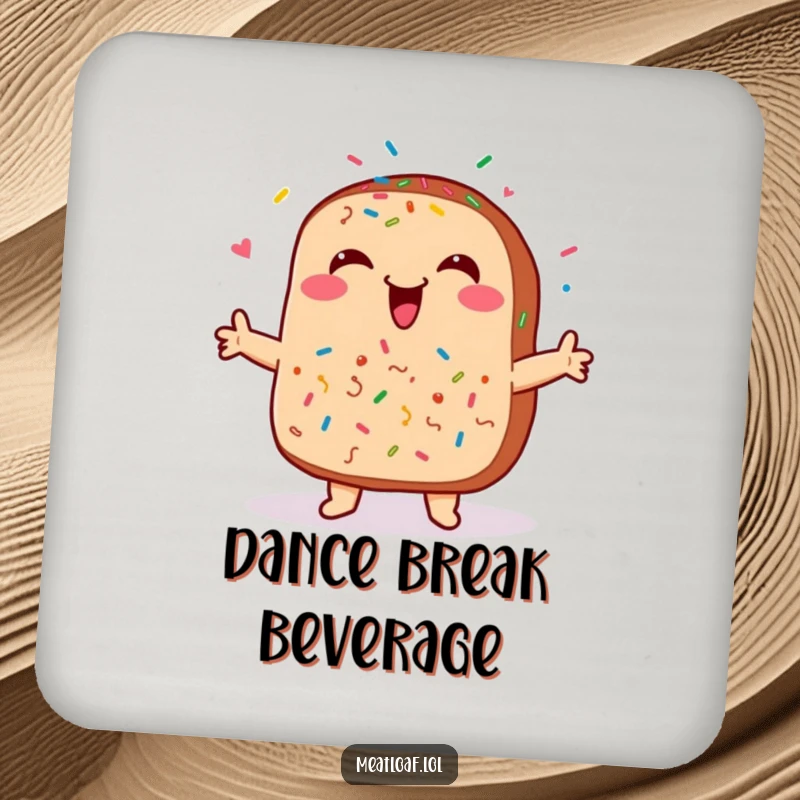 Funny meatloaf coasters protecting surfaces, with a smiling face and sprinkles dancing happily, adding culinary charm.