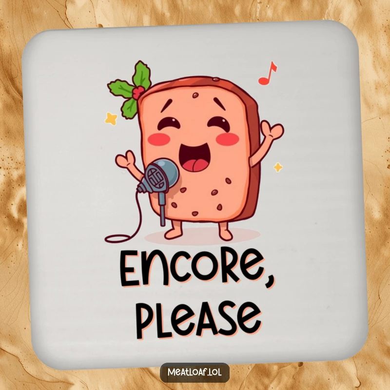 Funny meatloaf coaster, a singing food character with a microphone, protecting tables with a dose of musical humor.