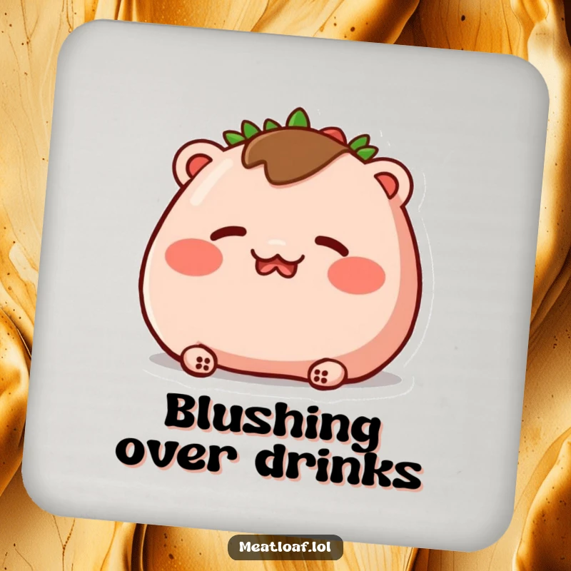 Funny drink coaster showing a meatloaf character blushing deeply with rosy cheeks and closed eyes, perfect for protecting surfaces.
