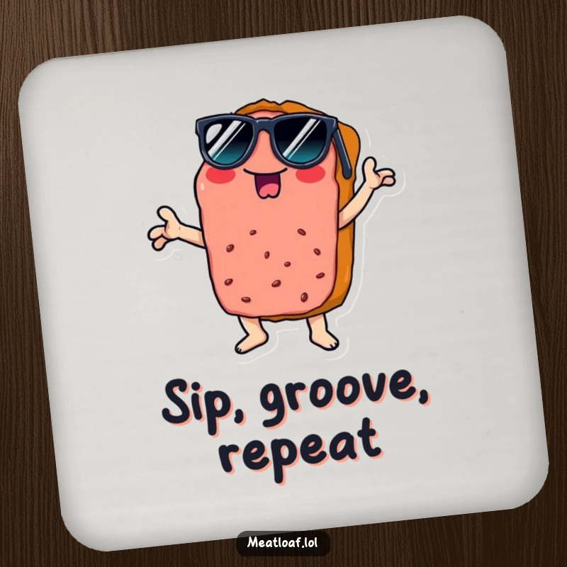 Funny disco meatloaf coasters protecting surfaces, featuring a slice wearing sunglasses doing a cool disco pose, adding retro flair.