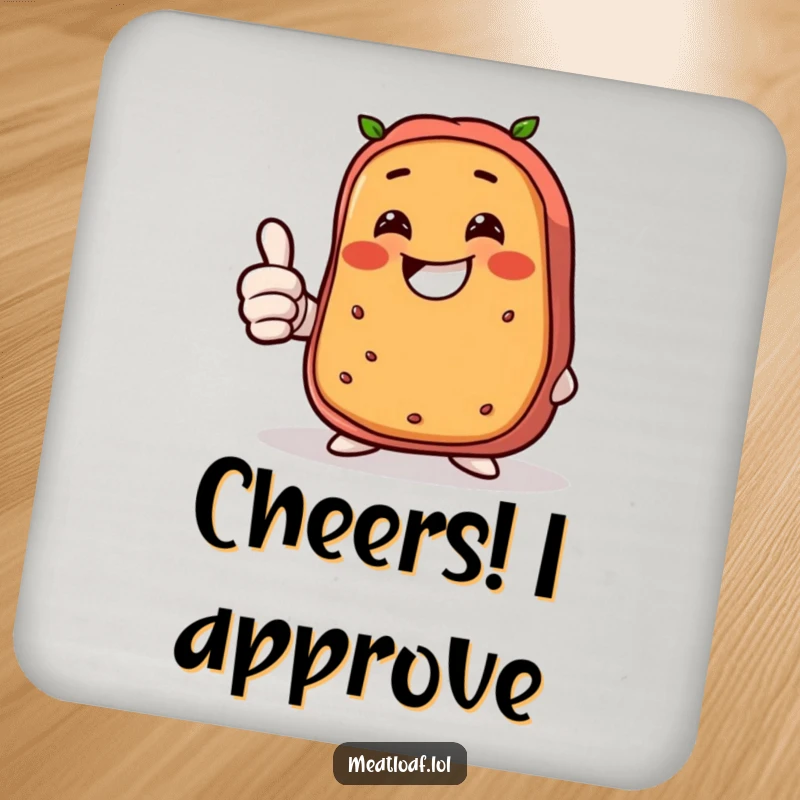 Funny meatloaf coaster, a giggling food character giving a thumbs up, adding a touch of humor to any drink setting.
