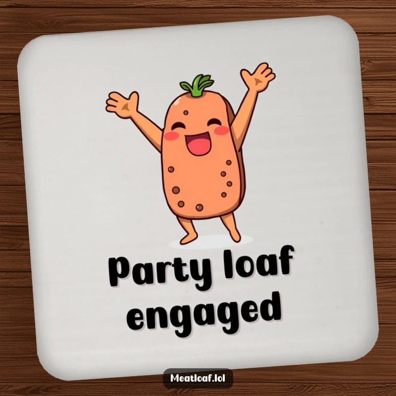 Funny meatloaf coaster showcasing a dancing character, protecting furniture with a dose of culinary humor.
