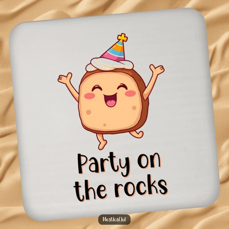 Funny meatloaf coaster with frosting and party hat jumping for joy, decorative and protective fun.