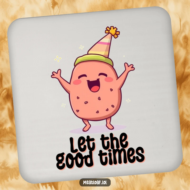 Funny meatloaf coaster showing a meatloaf wearing a party hat, bouncing with party spirit.