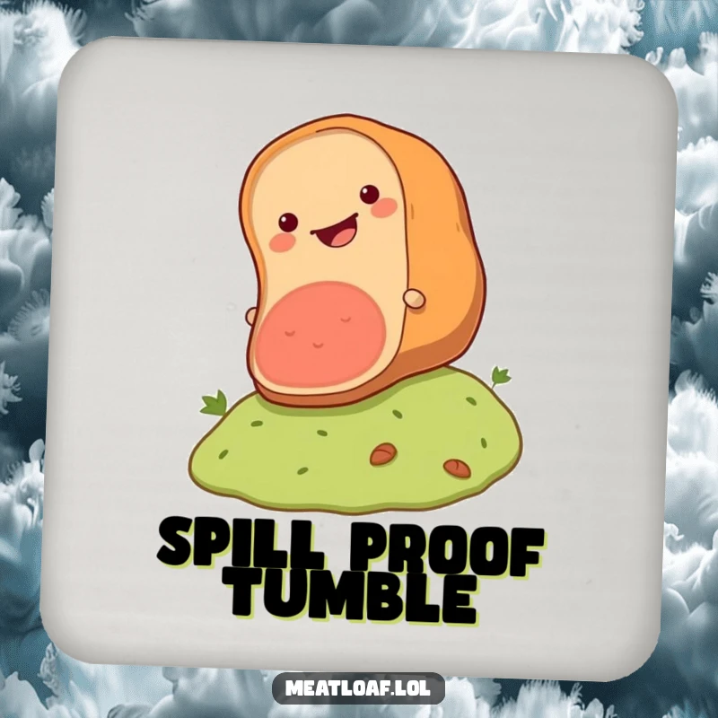 Funny meatloaf coaster featuring a happy loaf rolling downhill, adding a touch of whimsical humor to drink protection.
