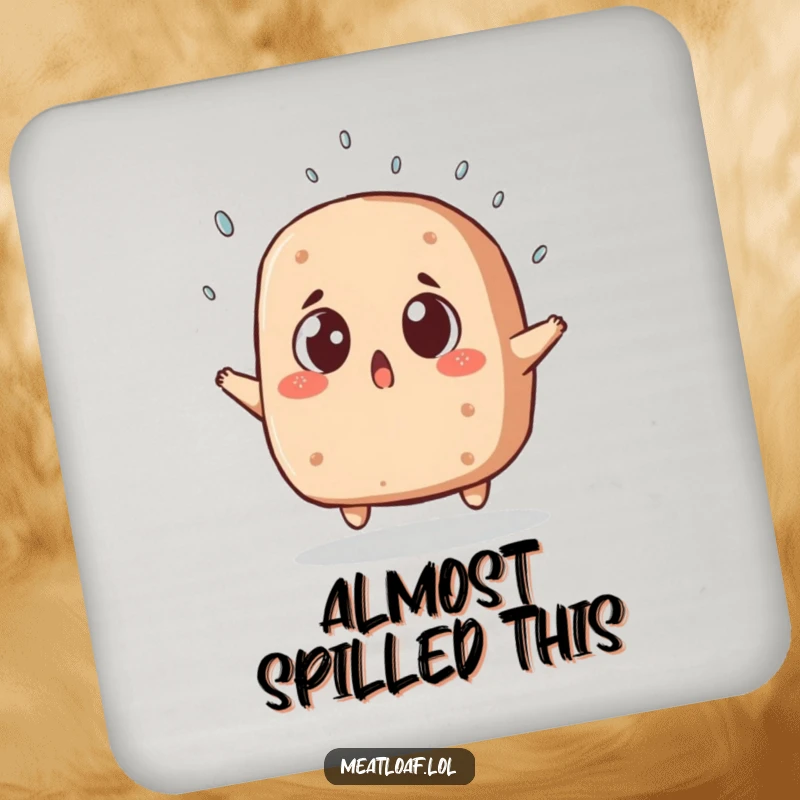 Funny meatloaf coaster, a surprised food character dodging a sprinkle, adding a dose of comedic drama to any drink setup.