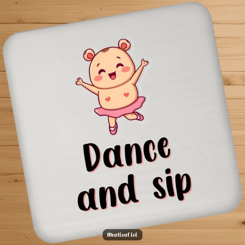 Funny tiny meatloaf character in ballet shoes pirouetting, dance theme coaster, humorous home accessory, charming funny gift.