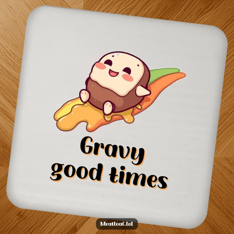 Funny meatloaf character drink coaster, giggling as it slides down a gravy rainbow, protecting surfaces with humor.