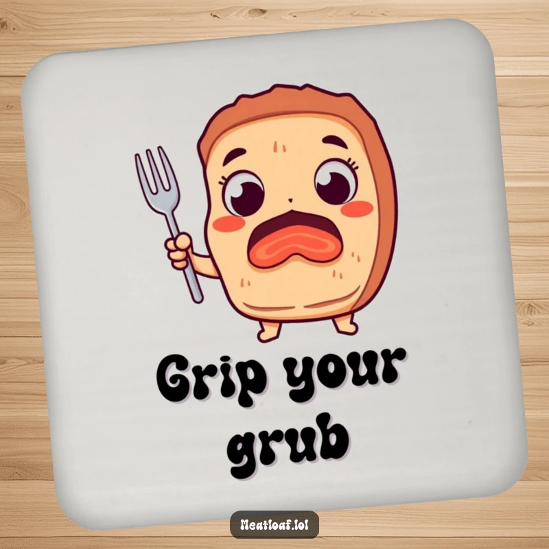 Funny drink coaster featuring a meatloaf with excited eyes holding a fork, adding a humorous touch to any surface.