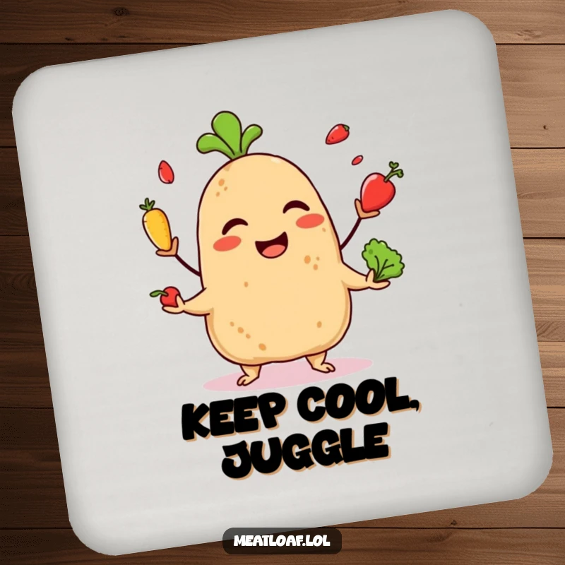 Funny drink coaster featuring a giggling meatloaf character juggling small vegetables, adding a touch of playful amusement to any surface.