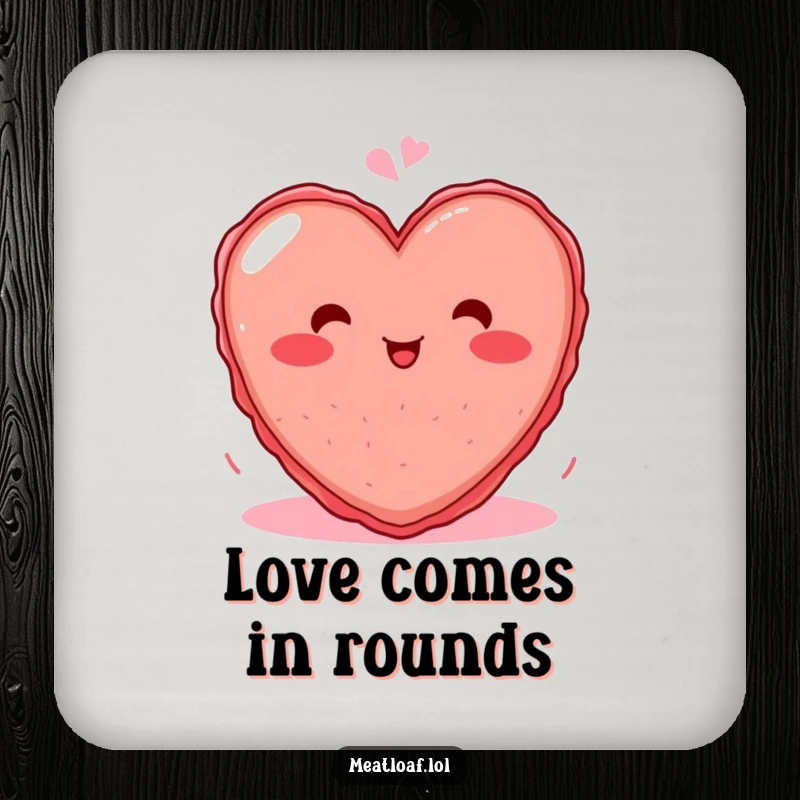 Funny drink coasters featuring a blushing heart meatloaf character giggling, protecting surfaces with a touch of humor.