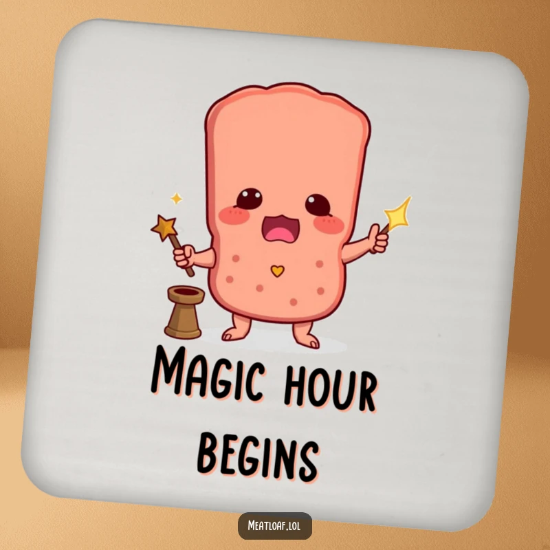 Funny drink coasters featuring a meatloaf character attempting a magic trick, protecting surfaces with a spell of humor.