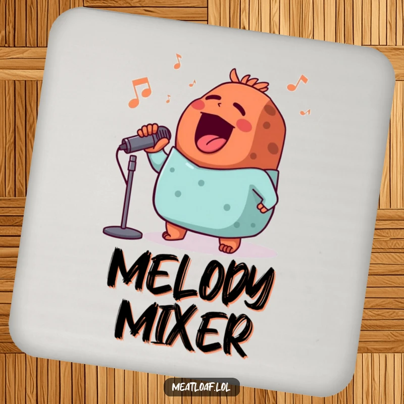 Funny meatloaf melody coaster, a singing meatloaf with a microphone, protecting surfaces with musical charm and humor.
