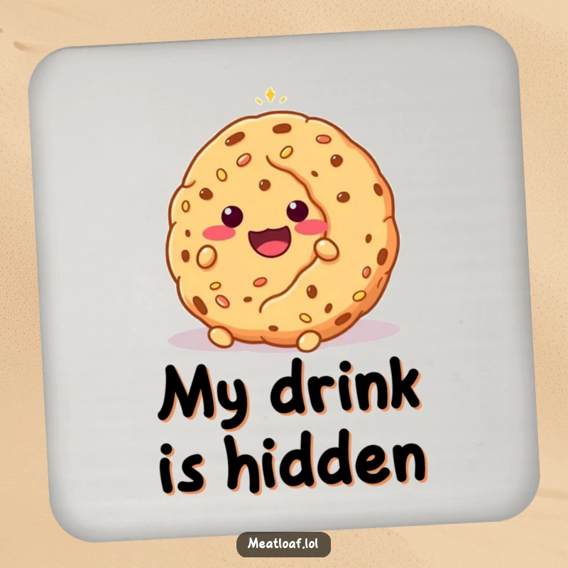Funny shy meatloaf character peeking from behind a large, sparkling cookie, featured on a drink coaster for humorous protection.