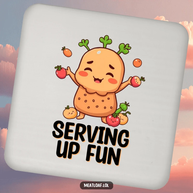 Funny Meatloaf character on a drink coaster, juggling tiny smiling vegetables, protecting surfaces with fun.