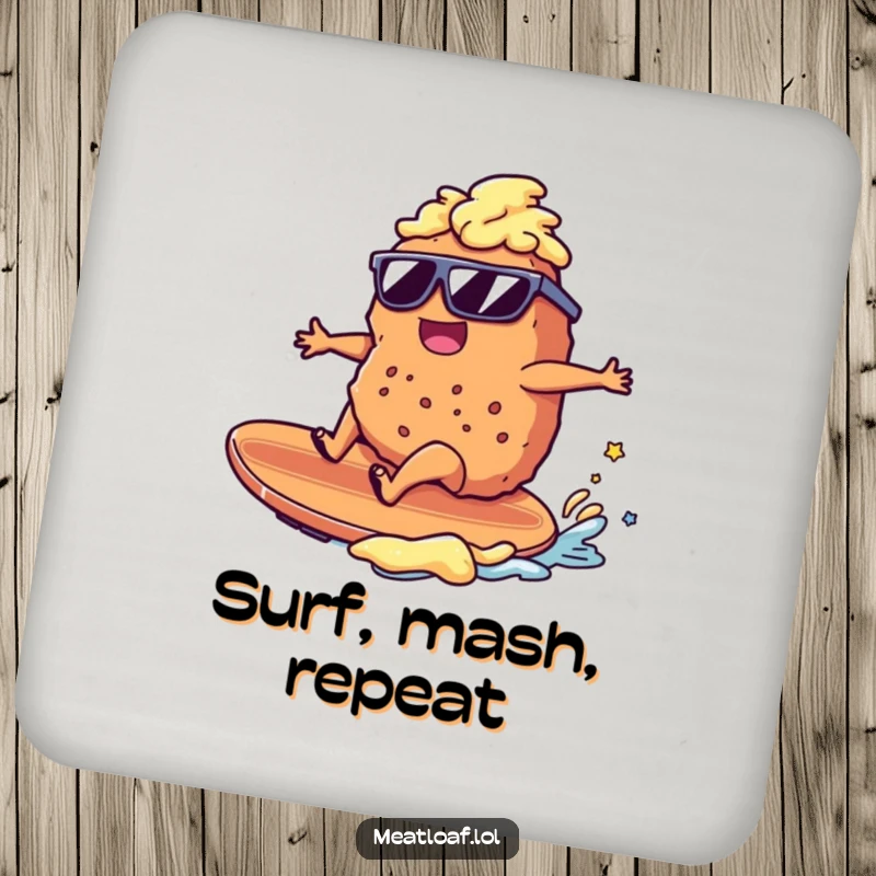 Funny meatloaf character surfing a mashed potato wave, sunglasses, beach theme, humorous drink coaster, functional gift.