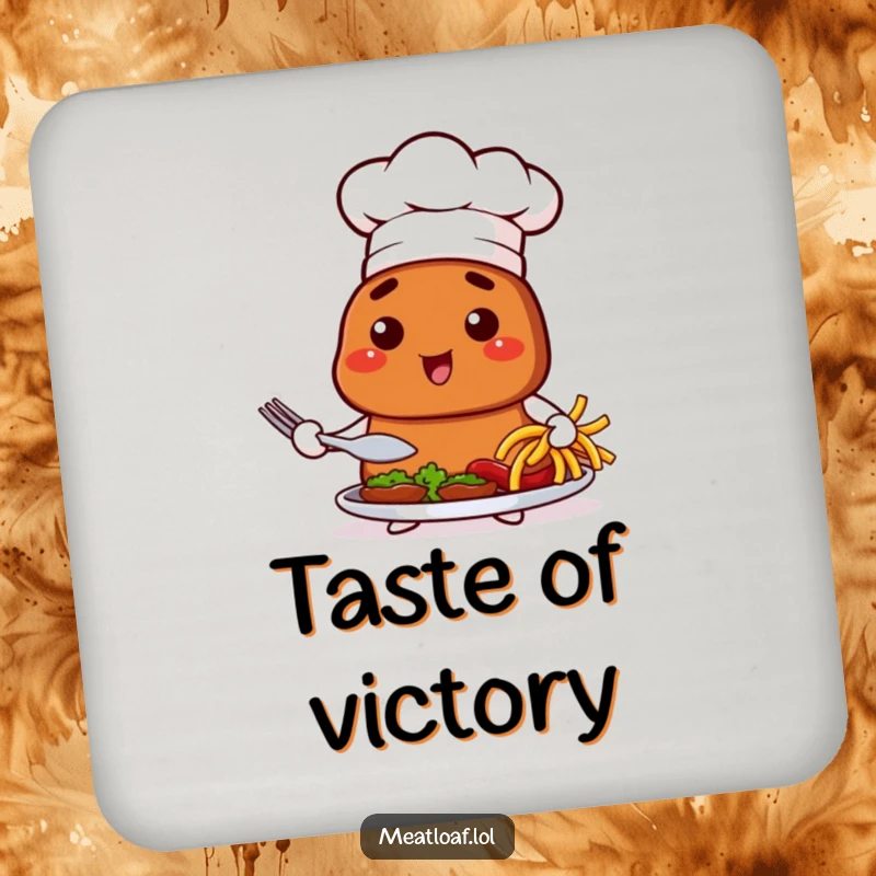 Funny drink coasters featuring a chef meatloaf character proudly presenting a dish, protecting surfaces with culinary humor.