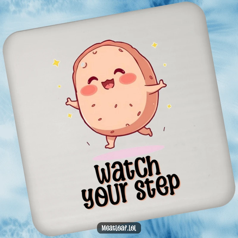 Funny meatloaf drink coaster featuring a blushing character tripping and scattering sparkles.