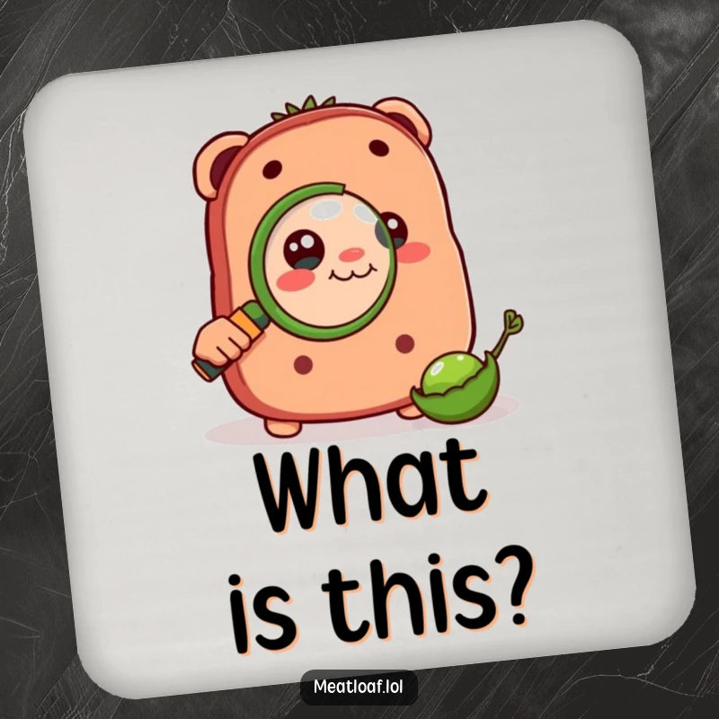 Funny drink coaster displaying a meatloaf character using a magnifying glass to inspect a pea, for curious protection.