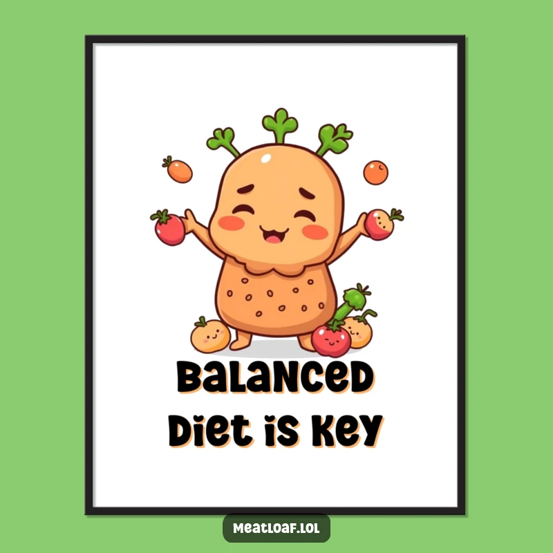 Funny Meatloaf Juggling Vegetables Poster Print: Whimsical Food Art Gift for Kitchen Decor