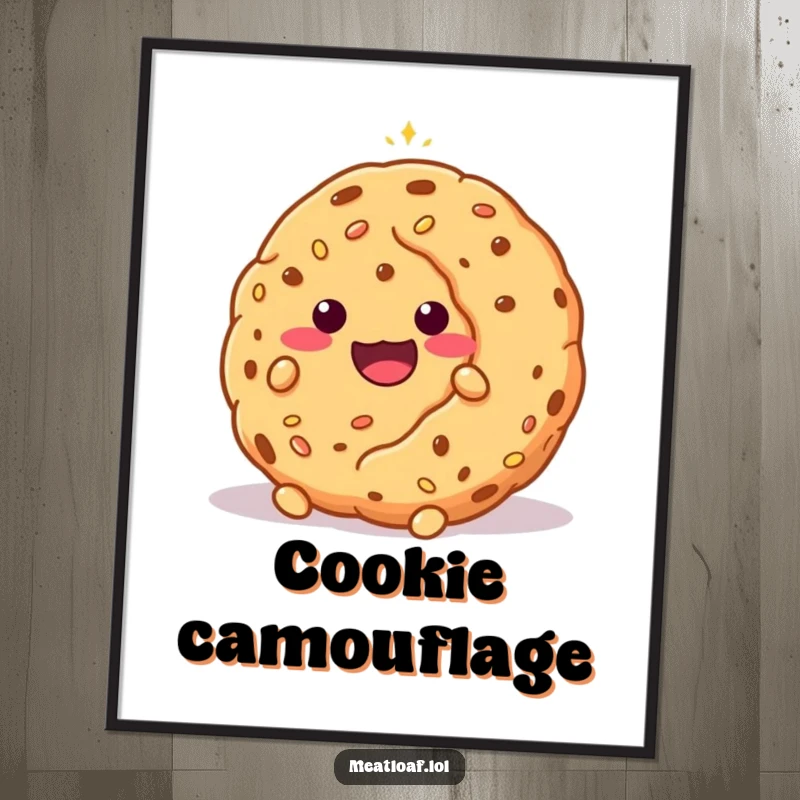 Funny shy meatloaf character concealed behind a large, glittering cookie, creating a humorous and endearing wall art piece.