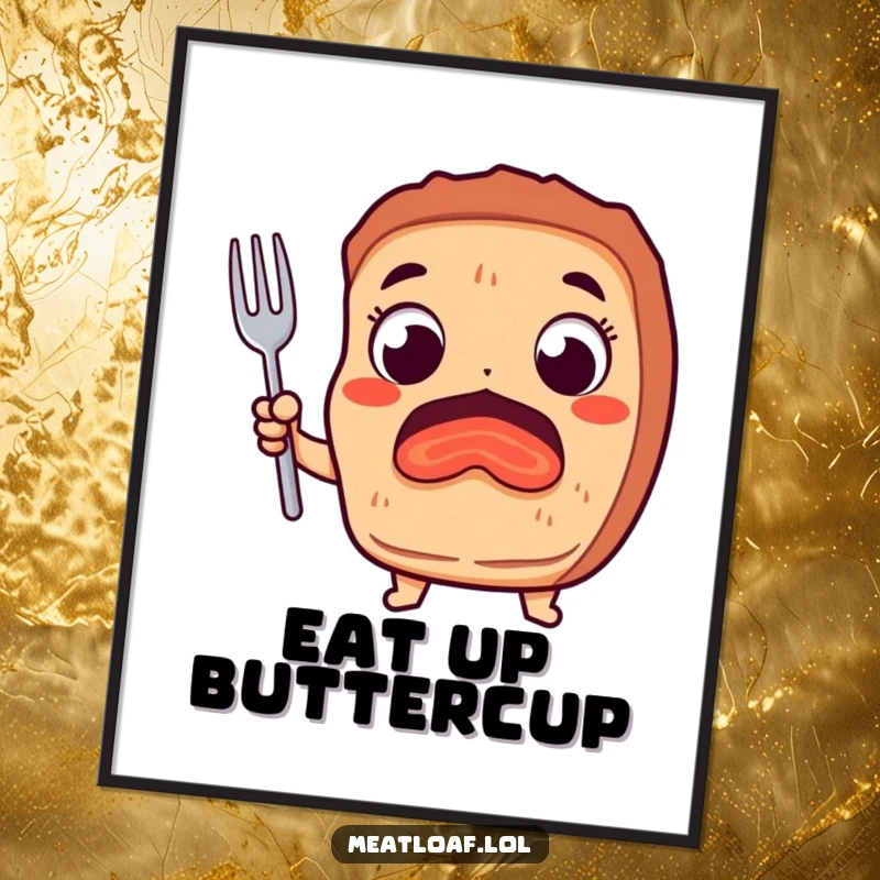 Funny poster featuring a meatloaf character with wide, excited eyes gripping a fork, a humorous depiction of anticipation.