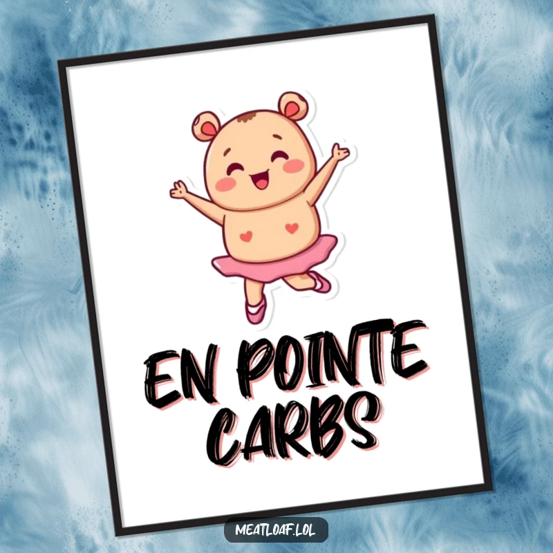 Funny tiny meatloaf character in ballet shoes pirouetting gracefully, elegant dance poster, humorous wall art, lovely funny gift.