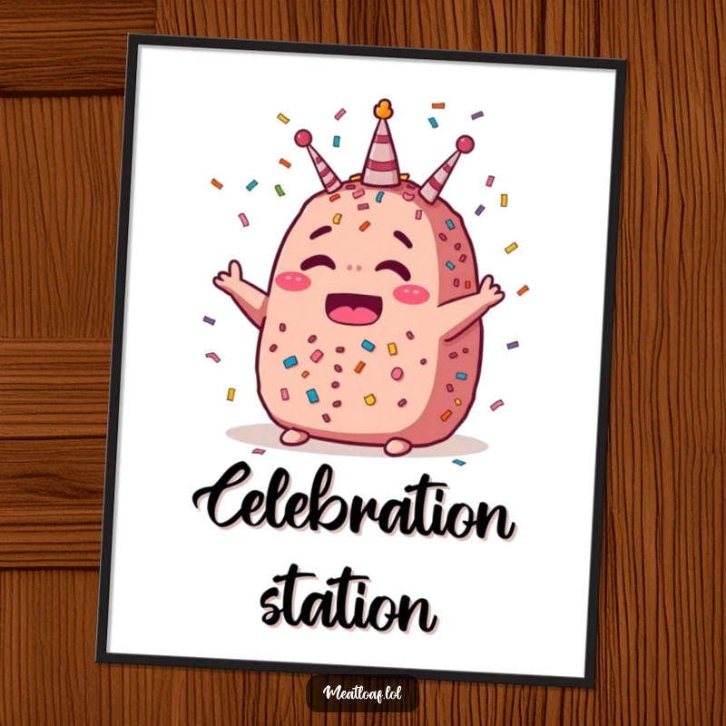 Funny celebration meatloaf poster featuring a jubilant meatloaf character amidst a downpour of confetti, perfect for party decor.