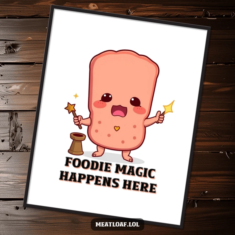 Funny poster art of a meatloaf character performing a magic trick with a wand, creating an illusion of humor.