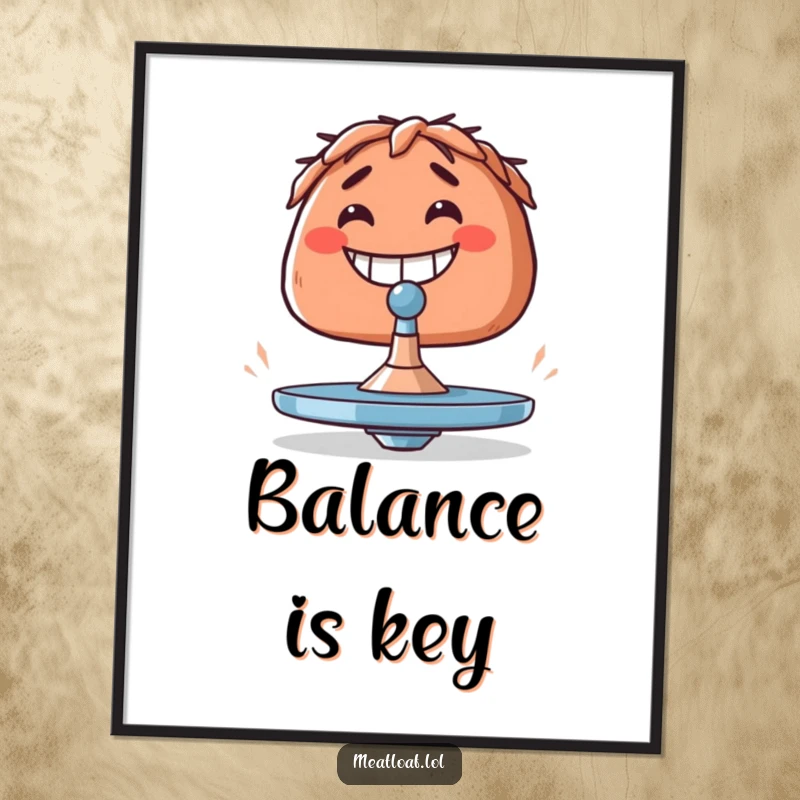 Funny meatloaf poster showing a meatloaf grinning as it attempts to balance a tiny spinning top.